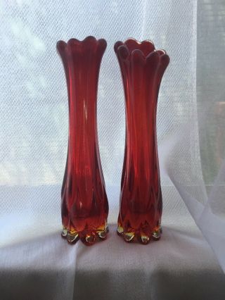 Amberina Stretch Vase Pair Deep Red Orange With Glow Look