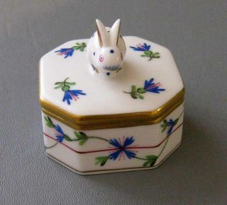 Herend Hungary Finial Blue Garden Cornflowers Bunny Rabbit Trinket Box