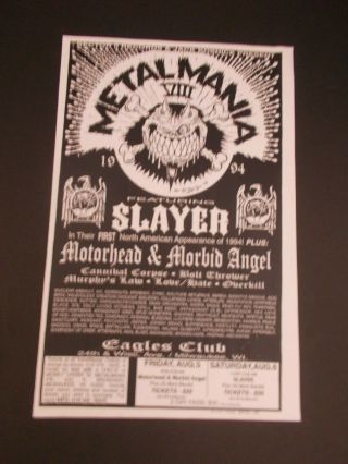 Metal Mania Viii Concert Poster - 1994 - Slayer - Motorhead - Morbid Angel - Overkill