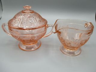 Federal Pink Depression Glass Covered Sugar Bowl & Creamer Sharon Cabbage Rose