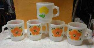 Anchor Hocking Fire King Orange/yellow/red Flower Milk Glass Mug - Set Of 5 Mugs