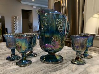 Indiana Blue Carnival Glass Pitcher With Five Goblets Harvest Grape Design