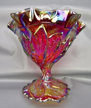 Modern Imperial Acanthus Leaf Sunset Ruby Carnival Glass Dbl Crimp Compote 5666
