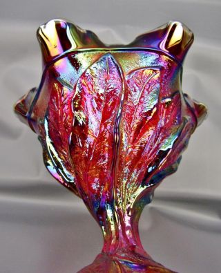 Modern Imperial ACANTHUS LEAF Sunset Ruby Carnival Glass Dbl Crimp Compote 5666 2
