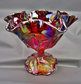 Modern Imperial ACANTHUS LEAF Sunset Ruby Carnival Glass Dbl Crimp Compote 5666 3