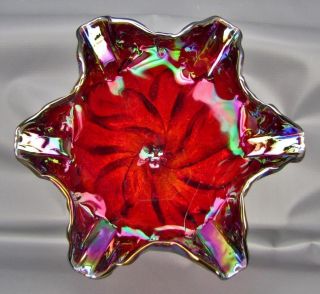Modern Imperial ACANTHUS LEAF Sunset Ruby Carnival Glass Dbl Crimp Compote 5666 4