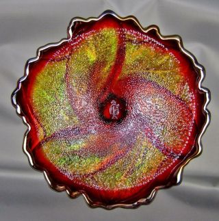 Modern Imperial ACANTHUS LEAF Sunset Ruby Carnival Glass Dbl Crimp Compote 5666 5