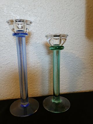 2 Kosta Boda Pillar Art Glass Candle Stick Holders K.  Engman 69113 Green & Blue