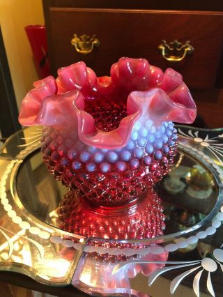 Fenton Cranberry Opalescent Hobnail Ruffled Rose Bowl 5 Inch
