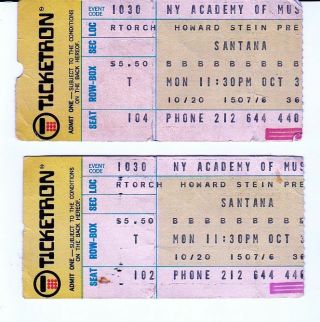 2 Santana Academy Of Music Nyc 10 - 30 - 72 Vintage Ticket Stubs