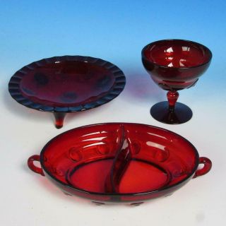 Martinsville Glass - Moondrops Ruby Red - Oval Dish,  Footed Bowl,  Sherbet