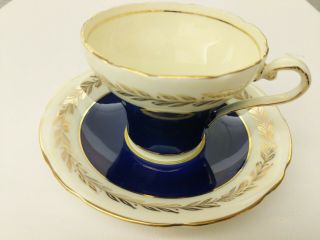 Aynsley Bone China England Cobalt Blue Gold Laurel Leaves Set Cup & Saucer 1960s