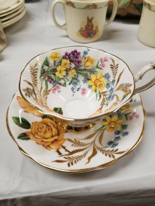 Queen Anne Teacup And Saucer Flower Garden Yellow Cabbage Rose And Daffodils