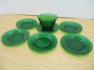 6 Vintage Anchor Hocking Emerald Forest Green Sandwich Glass Custard Cup Liners