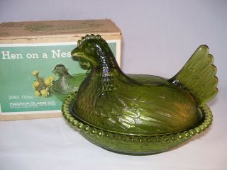 Vtg Indiana Glass 2562 Olive Green Hen On A Nest Covered Candy Bowl Dish Usa Box