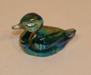 Fenton Art Glass Miniature Duck Spruce Green Carnival Iridescent 52128a 5212 8a