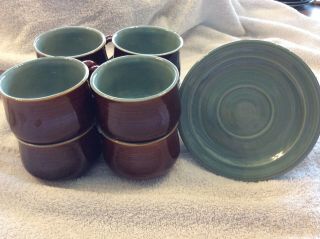 Vintage Red Wing Pottery Village Green Set Of 8 Soup/chili/coffee Cups & Saucer