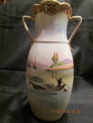 Antique Hand Painted Nippon 2 Handled Vase Water & Fishing Boat Scene Gold Edge