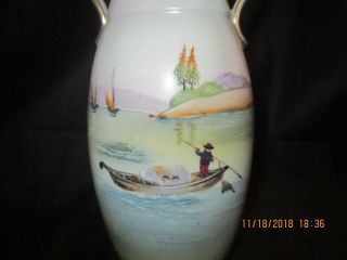 ANTIQUE HAND PAINTED NIPPON 2 HANDLED VASE WATER & FISHING BOAT SCENE GOLD EDGE 2