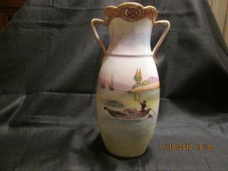 ANTIQUE HAND PAINTED NIPPON 2 HANDLED VASE WATER & FISHING BOAT SCENE GOLD EDGE 8