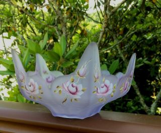 Vintage Viking Glass Lotus Bowl Purple Satin Hand Painted Roses Signed