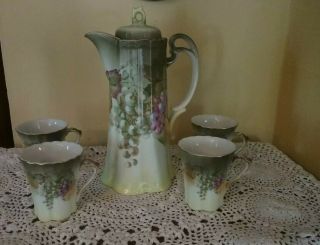 A C Bavaria Hand Painted Signed A Koch Chocolate Pot & 4 Cups Grapes & Leaves