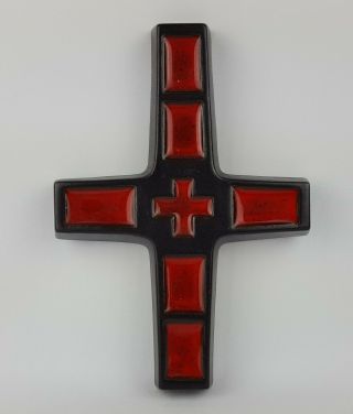 60 - 70 ' s Vintage West German Pottery Red Crucifix Religious Hanging Wall Cross 2