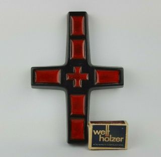 60 - 70 ' s Vintage West German Pottery Red Crucifix Religious Hanging Wall Cross 3