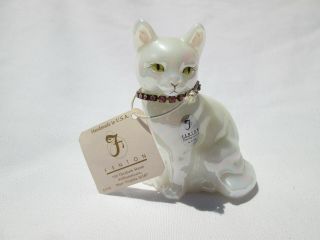 Fenton Art Glass 3.  5 " Hand Painted Iridized White June Cat