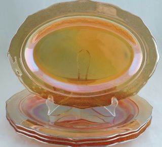 Vintage Marigold Carnival Iridescent Glass Normandie Bouquet Lattice Tray Set 4