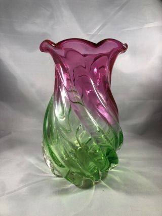 Fenton Made For Teleflora Vase Cranberry Pink And Green Wavy Design