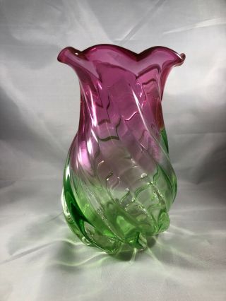 FENTON MADE FOR TELEFLORA VASE CRANBERRY PINK AND GREEN WAVY DESIGN 2
