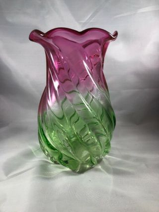FENTON MADE FOR TELEFLORA VASE CRANBERRY PINK AND GREEN WAVY DESIGN 3