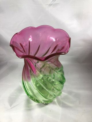 FENTON MADE FOR TELEFLORA VASE CRANBERRY PINK AND GREEN WAVY DESIGN 4
