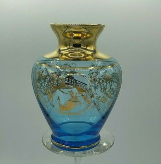 Vintage Blue Venetian Murano Glass 24k Gilded Vase With Venice Scenes