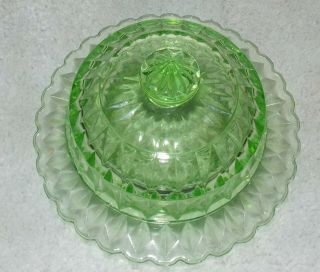 Vintage Jeanette Depression Glass Green Windsor Diamond Round Butter Dish - Glows