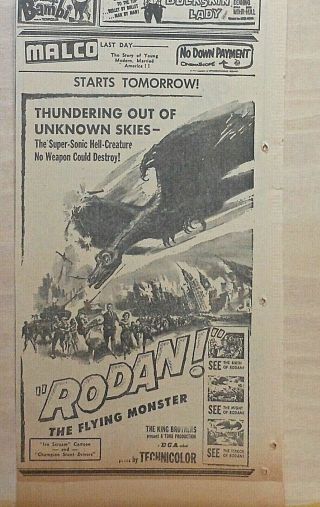 1957 Newspaper Ad For Movie Rodan The Flying Monster - - Sonic Hell Creature