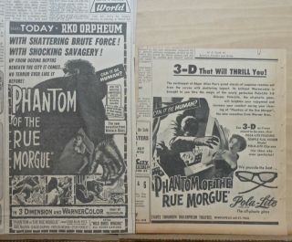 Two 1954 Newspaper Ads For Movie Phantom Of The Rue Morgue 3d Polalite Glasses