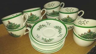 Vintage Spode Christmas Tree Made In England Tea Cup And Saucers Set Of 10