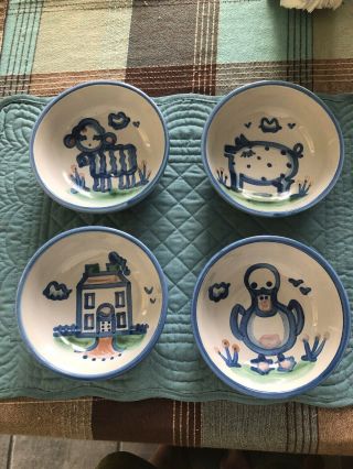 Set Of Four M.  A.  Hadley Pottery Country Scene 5.  5 " Cereal Bowl Vintage