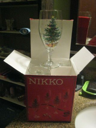 Set Of 4 Nikko " Happy Holidays " 16 Oz.  Stemmed Beverage Glasses -