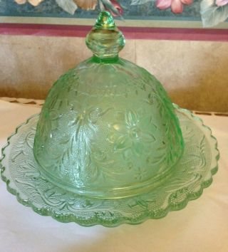 Indiana Tiara Glass Chantilly Green Sandwich Round Butter Dish And Dome Cover