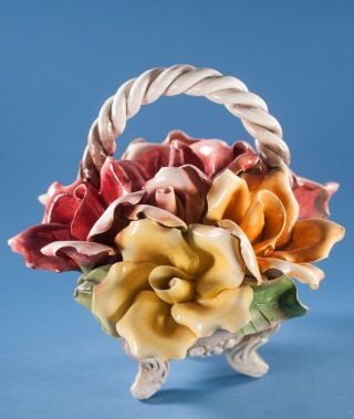 Vtg Bassano Pottery Italy Basket Of Roses
