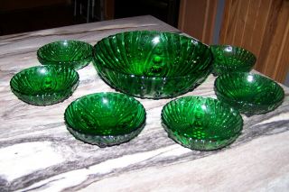 Vintage 7pc.  Anchor Hocking Forest Green Bubble Fruit & Berry Bowl Set