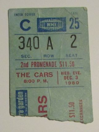 1980 Dec 3 The Cars Concert Ticket Stub Nyc Madison Square Garden Vg 4.  0