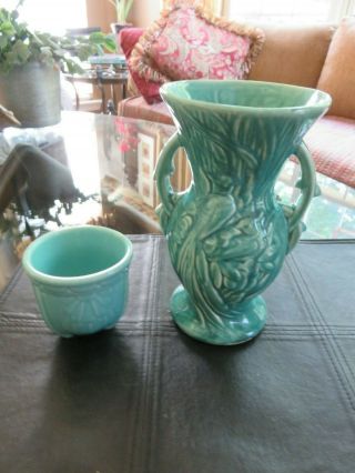 Vintage Mcoy 8 " Two Handled Urn Vase W/birds & Berries W/ A Small Bowl/dish 3 "
