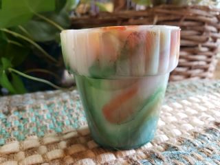 Vintage Akro Agate Flower Pot Ribbed Edge Slag Glass Orange Green Brown 2.  25 "