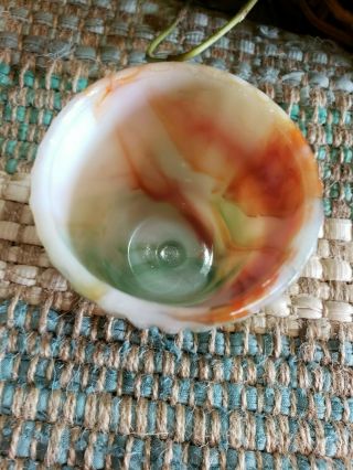 Vintage Akro Agate Flower Pot Ribbed Edge Slag Glass Orange Green Brown 2.  25 