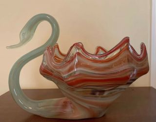 Vintage Hand Blown Art Glass Blue Swan Swirled Murano Style Dish Bowl