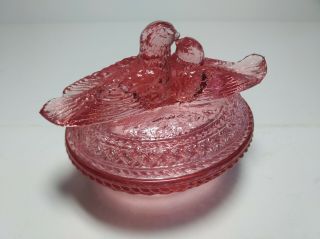 Vintage Frosted Pink Depression Glass Candy Dish With 2 Love Birds On Lid